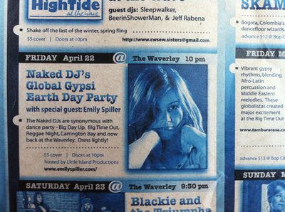 Events calendar clipping featuring HighTide, Naked DJ's, and Blackie and the Triumphs at The Waverley